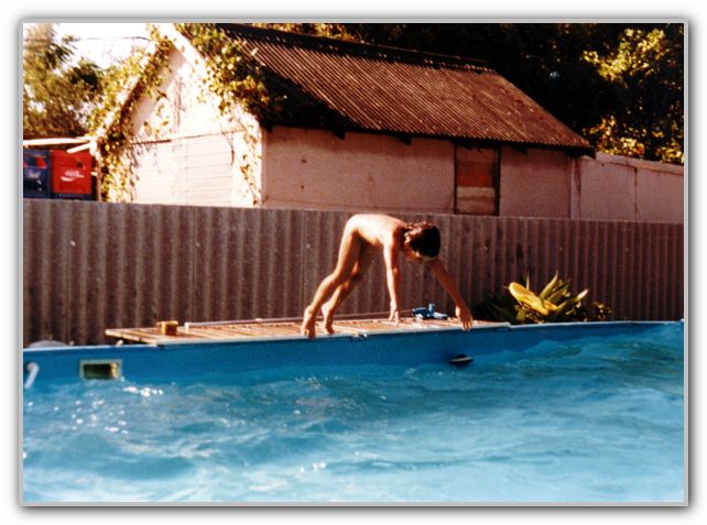 LJ jumping in pool Rosebery St Feb 1985